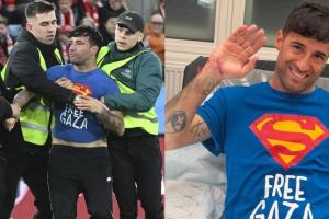 挪威vs以色列的比賽中有球迷沖進(jìn)球場(chǎng)，T恤寫著“自由加沙”口號(hào)